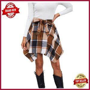 Plaid Flannel Mini Skirt Bow Tie Front Elastic High Waisted Asymmetrical
